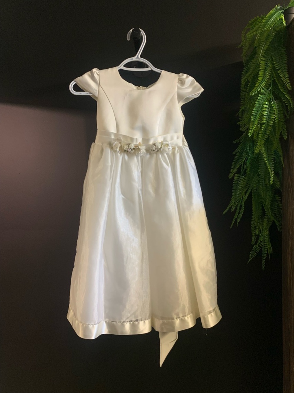 Girls Ivory Satin Floral Waist Party Dress